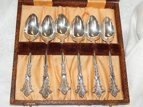 Antique Set Of 6 English Sterling Coffee Silver Spoons Birmingham 1913 Cover