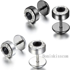 2Pcs Black Silver Men's Barbell Punk Stainless Steel Crystal Ear Studs Earrings