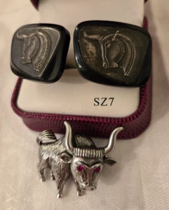 Minotaur cuff links signed SWANK bull brooch metal rhinestones #6-5L - Picture 1 of 6