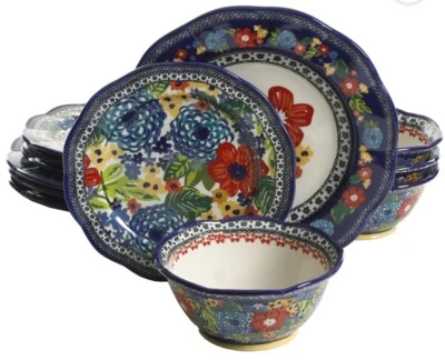 Nuevo Pioneer Woman Dalias Deslumbrantes 12 PIEZAS Platos de Cena y Ensalada y Cuencos Cobalto Foto 1 de 3