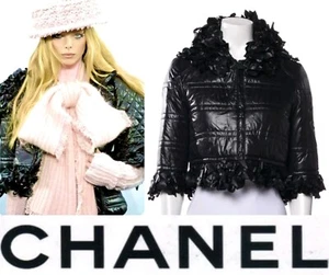 Chanel Vintage 2009 Black Puffer Coat Jacket 34 36 2 4 Ruffle Hood Logo Vtg S - Picture 1 of 13