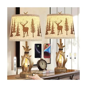 Dungoo Antler Rustic Table Lamp Set of 2 with USB & Type-C Port, Rustic Bedsi... - Picture 1 of 7
