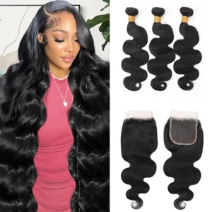 Body Wave Human Hair 3Bundles with 5x5 Lace Closure 14in16in18in+12in Closure - Picture 1 of 11