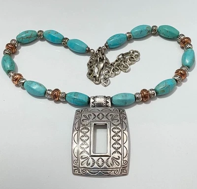 Collar Colgante De Colección Brighton Cobre Cañón Turquesa Cobre Cuentas Tono Plata Foto 1 de 4
