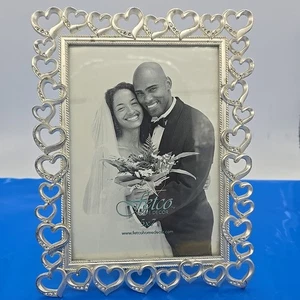 Fetco 5x7 Metal Photo Frame Silver Hearts & Rhinestones Wedding 9" Tall 7" Wide - Picture 1 of 11
