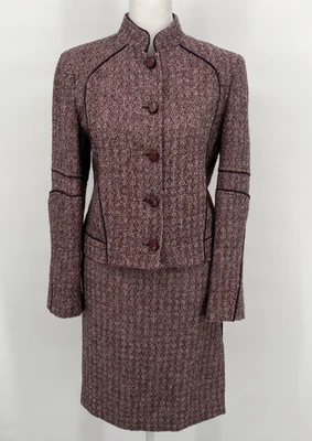 Carolina Herrera Falda Traje Mujer 4 Borgoña Tweed Chaqueta Conjunto Hecho en Italia Foto 1 de 4