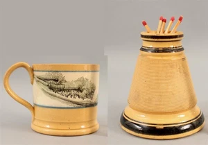 Antiker dendritischer Becher & Streichholzhalter 19. Jh. Mokka gelb Ware Keramik Algen - Bild 1 von 17