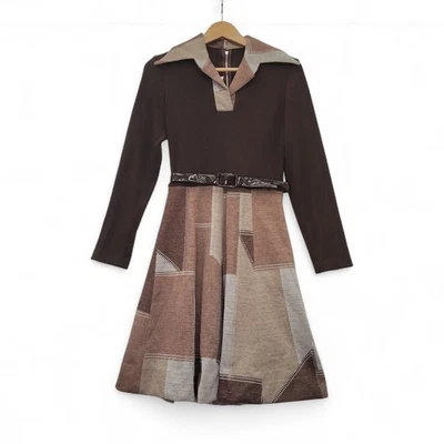 Vestido Vintage Años 70 36 Marrón Cuello Geométrico Cuello en V Cinturón Ropa de Mujer - Preciado Foto 1 de 4