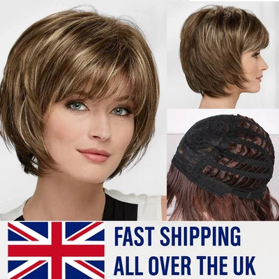 Short Pixie Cut Blonde Synthetic Wigs Natural Straight Layered Wig with Bangs