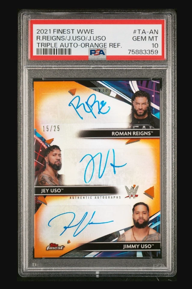 ROMAN REIGNS JEY JIMMY USO 2021 Topps Finest WWE Triple Auto Orange #/25 PSA 10 - Image 1 of 3
