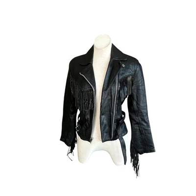Женская байкерская куртка All American Rider черная кожа с бахромой размер 12 маленькая - Изображение 1 из 4