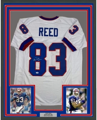 FRAMED Autographed/Signed ANDRE REED HOF 14 33x42 Buffalo White Jersey PSA COA - Image 1 of 2