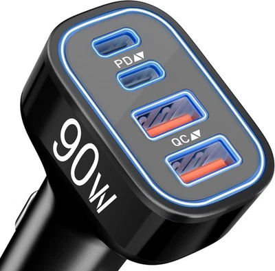 Carregador de carro USB C, 4 portas 90W super rápido carregador de telefone de carro acessórios duplo 45W  - Imagem 1 de 4