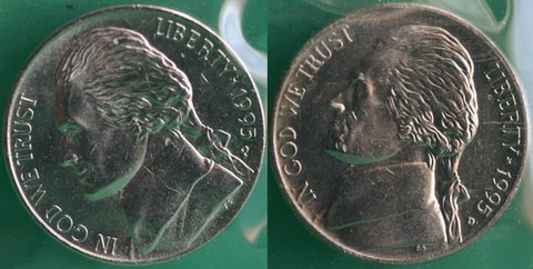 1995 P and D Jefferson Nickels 2 Coin UNC 5c Cellos from US Mint Set Five-Cents Cover