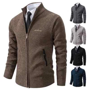 Mens Casual Stand Collar Cardigan Jacket Solid Color Autumn Knit Sweater Coats - Picture 1 of 33