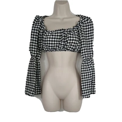 Topshop Crop Top Women Size 0P Black White Gingham Plaid Bell Sleeve NEW  - Image 1 of 4