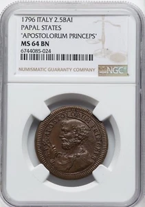 Italy - PAPAL STATES - 1796 Puis VI - 2 1/2 Baiocchi - NGC MS64 - Extremely Rare - Picture 1 of 2