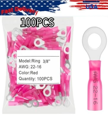 Conectores de crimpagem de fio à prova d'água 22-16AWG termorretrátil anel terminais 3/8" 100 peças - Imagem 1 de 4