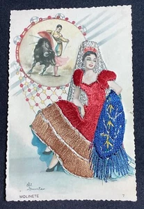 BULL FIGHTING HAND EMBROIDERED CLOTHING LADY POST CARD, ELSI GUMIER - Picture 1 of 2