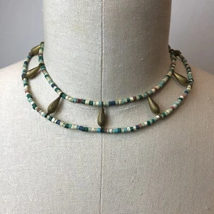 Wood & Metal Layered Choker Collar Necklace Blue & Bronze - Funky Unique Boho - Picture 1 of 6