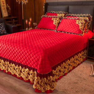 Luxury Lace Crystal Velvet Queen Size Bedspread Set Quilted Coverlet Thick Sheet