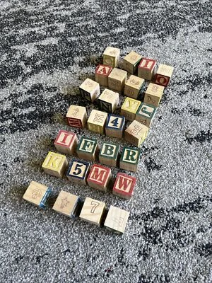 Mixed LOT OF 28 VTG Wooden Children's Blocks Alphabet Pictures Numbers Animals - Image 1 of 4