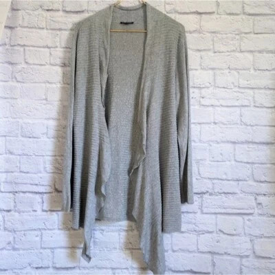 Cardigã suéter Eileen Fisher mistura de linho babado frente aberta L malha cinza - Imagem 1 de 4