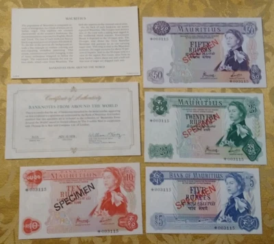 MAURITIUS COMPLETE 4 SPECIMEN 1978 003115 CS1 P 30- 33 UNC LOW SERIAL COA - Image 1 of 3