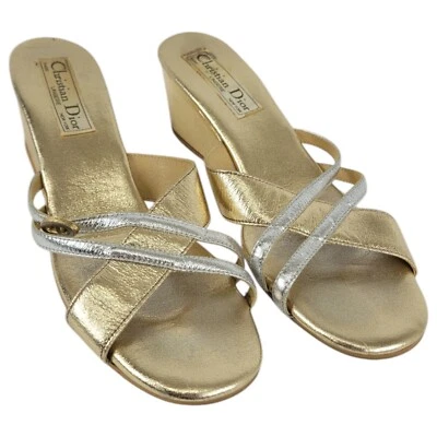 Sandalias lencería de cuña Christian Dior para mujer talla 6,5 doradas con tiras sin cordones Foto 1 de 4