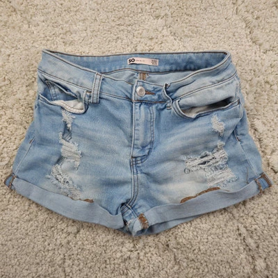 Pantalones cortos de jean de tiro alto So para mujer talla 9 31x2 elásticos con puños desgastados Foto 1 de 4