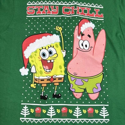 Christmas SpongeBob Patrick Stay Chill Cartoon Green Cotton T-shirt Size M - Image 1 of 4
