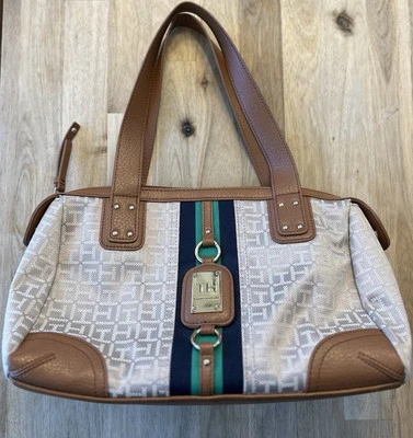 TOMMY HILFIGER MONOGRAMA LOGO Bolso de Mano BOLSO CARTERA Cartera Verde Rayas Vegano Foto 1 de 4