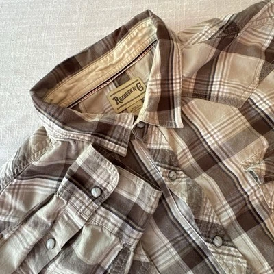 Camisa a Presión Occidental XXL Roebuck & Co Para Hombres 100% Algodón Manga Larga Marrón A Cuadros Foto 1 de 4