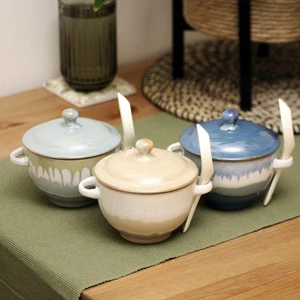 Set Of 3 Coastal Reactive Glaze Soup Bowls With Lid Spoon & Handles Stoneware - Picture 1 of 8