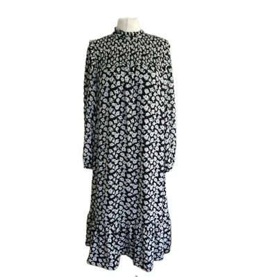 M&S Collection Midi Dress Size UK 10 Black/White Floral Tiered Elastic Shoulder. - Image 1 of 4