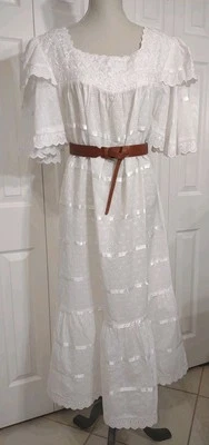 White Vtg Dress Eyelet Ribbon Maxi Cottage Prairie Goddess L India Made - Image 1 of 4