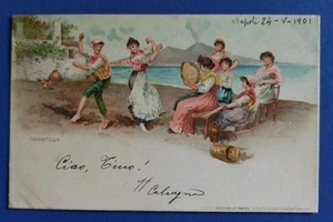 1901 Napoli - costumi napoletani - tarantella col Vesuvio... - Picture 1 of 2