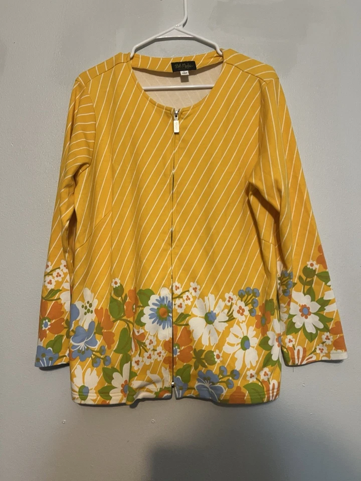 Bob Mackie Mujer Chaqueta Talla L Usable Arte Floral Amarillo Rayas Camisa Chaqueta Cremallera Foto 1 de 4