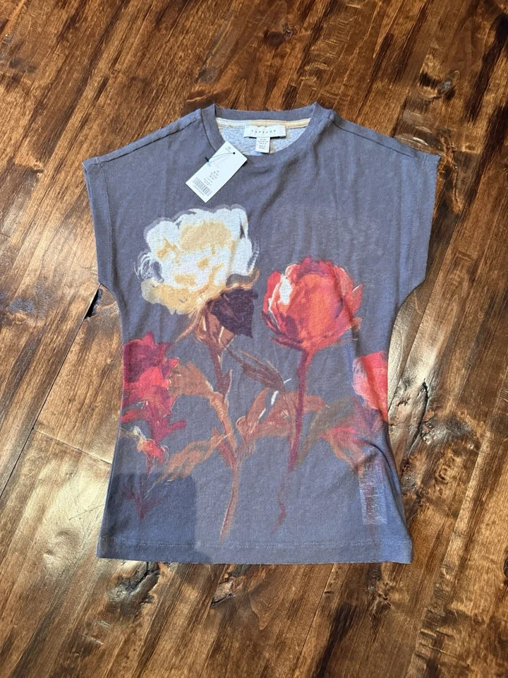 Camiseta floral Topshop XS para mujer, tela transparente, gris carbón Foto 1 de 2