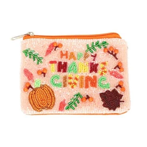 Happy Thanksgiving Fall Harvest Seed Bead Mini Pouch Coin Bag ~Made in India~ - Picture 1 of 3