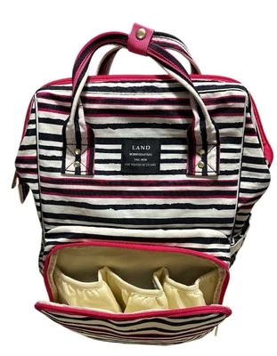 Mochila Land mamãe e bebê chique mãe multiuso listrada rosa e preto e branco - Imagem 1 de 4