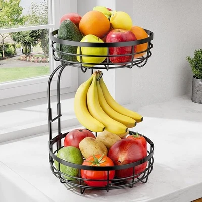 Two Tier Fruit Basket W/ Banana Hook Metal Storage Organizer Kitchen Counter New - Image 1 of 4
