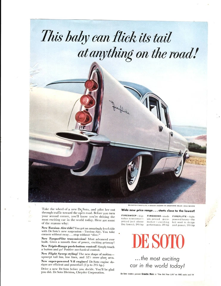 Anuncio impreso 1957 De Soto Fireflite sedán de 4 puertas Seatone azul y blanco este bebé Foto 1 de 1