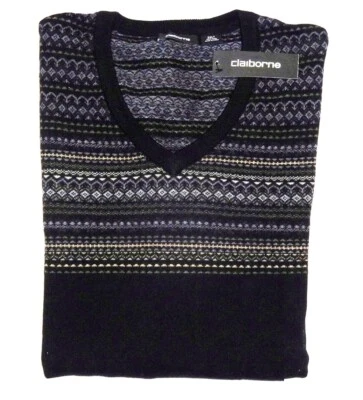 Nuevo Suéter CLAIBORNE Para Hombre 100% Lana Cuello en V Negro Patrón Isla Justa Manga Larga Foto 1 de 4