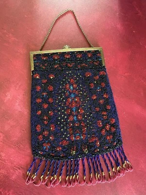 BOLSO MONEDERO VINTAGE CON CUENTAS DE COBALTO AÑOS 1900 MICRO NANO CUENTAS FORRO ORIGINAL ESPECTACULAR Foto 1 de 4