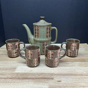 Vintage Mid Century Japanese Stoneware Pottery Tea Coffee Pot & Cups Set 70s MCM - Picture 1 of 15