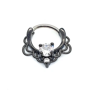 Anello post Daith cristallo nero TITANIO elica cartilagine piercing cerchio CLICKER - Foto 1 di 3