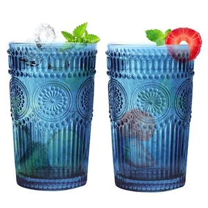 6pcs Vintage Drinking Glasses Set 12 oz Blue Highball Glasses Embossed Ribbed... - Picture 1 of 9