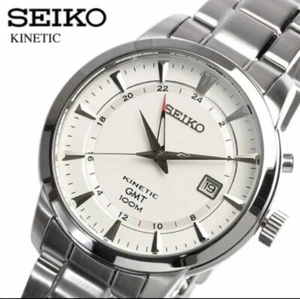 SEIKO Kinetic GMT SUN029P1 Stainless Steel White 100m Date 5M85 100m Date Silver - Picture 1 of 8