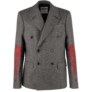 MOSCHINO COUTURE Double-Breasted Herringbone Wool Jacket Embroidery Gray 11218 - Picture 1 of 8